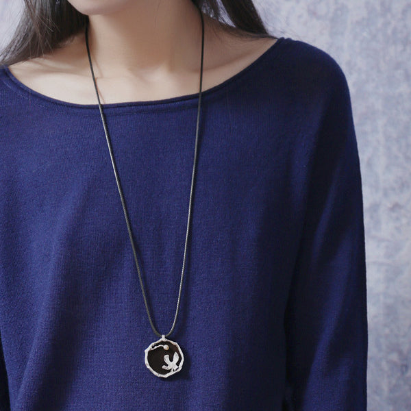 Handmade Ebony and Pearl Pendant Long Necklace - Unique Jewelry for Women & Men