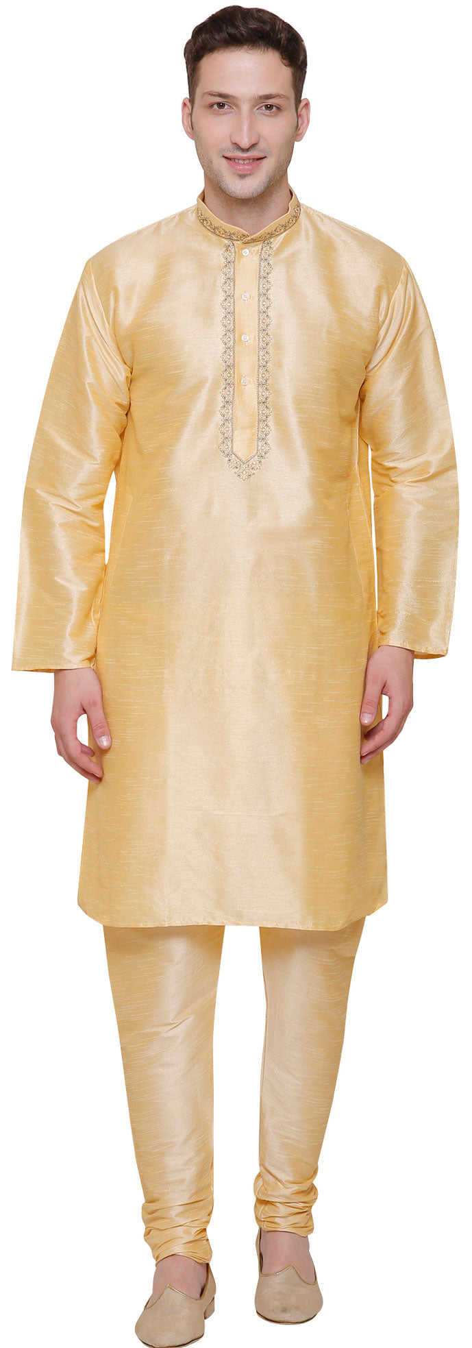 Golden Party Wear Dupion Silk Mens Kurta Pajama - Indian Traditional Clothing