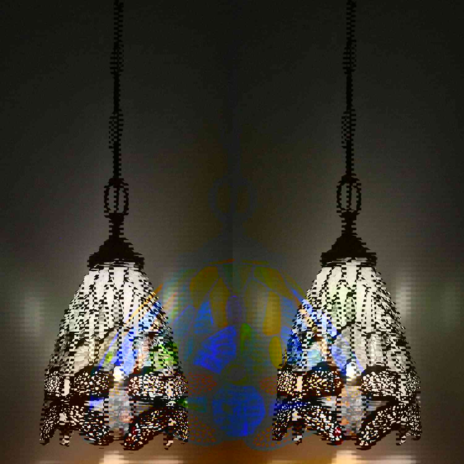 Werfactory® Tiffany Pendant Lighting Navy Blue Stained Glass Dragonfly Hanging Lamp