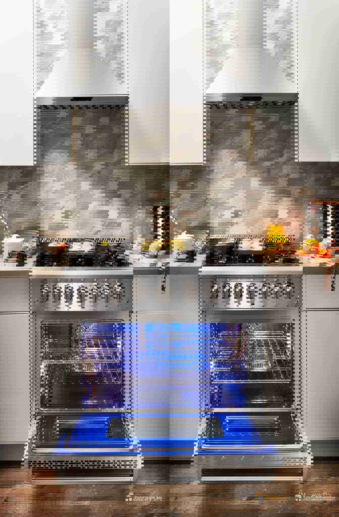 Thor Kitchen 5-Piece Pro Appliance Package - 36-Inch Gas Range, French Door Refrigerator, Wall Mount Hood, Dishwasher, and Wine Cooler in Stainless Steel