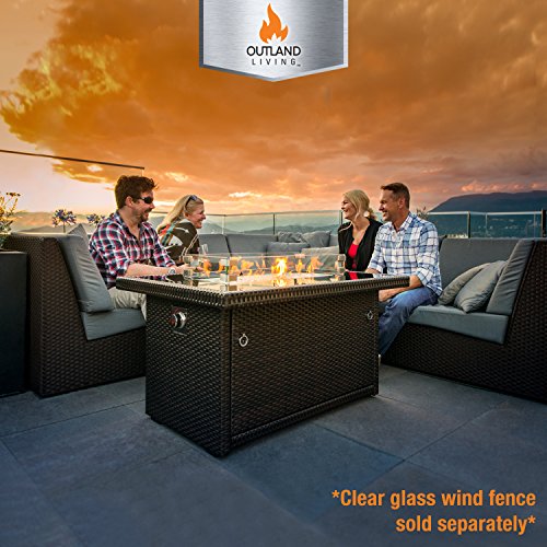 Outland Fire Table, Aluminum Frame Propane Fire Pit Table with Black Tempered Glass Tabletop Resin Wicker Panels & Arctic Ice Glass Rocks, Auto-ignition (Espresso Brown/Rectangle)