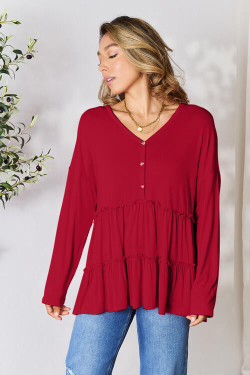 Playful Beauty Half Button Long Sleeve Ruffle Hem Top