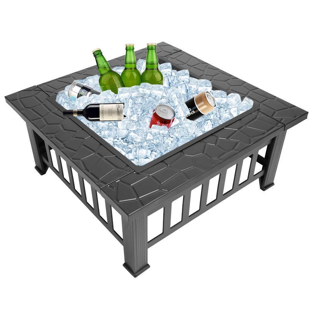 Bonnlo 32” Outdoor Wood Burning Fire Pit Table with Mesh Spark Screen and Poker