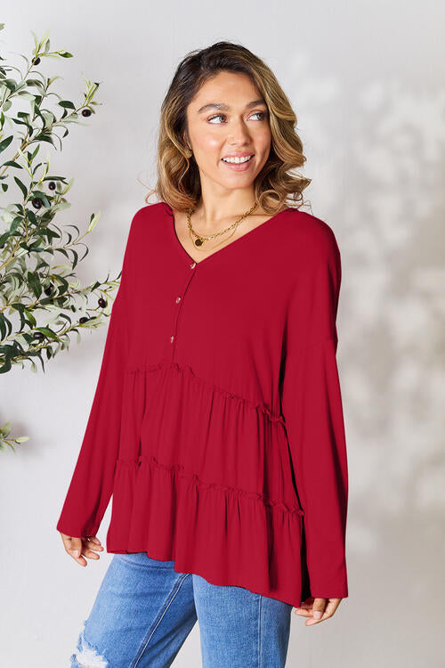Playful Beauty Half Button Long Sleeve Ruffle Hem Top