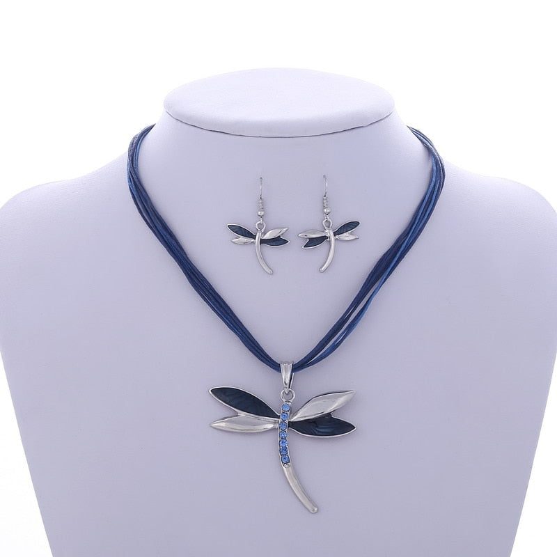 ZOSHI Leather Rope Jewelry Sets For Women - Enamel Dragonfly Pendant Necklace Earrings Sets