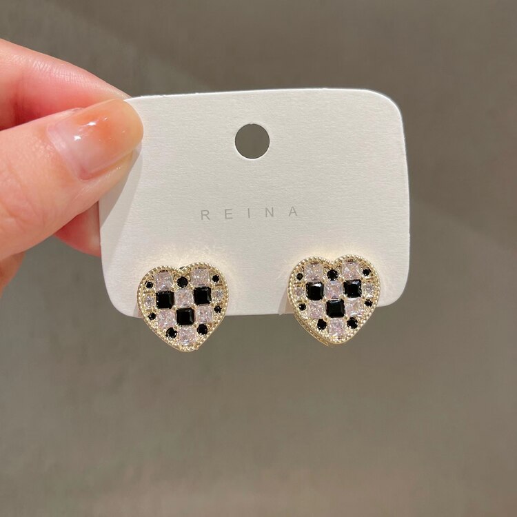 Copper Inlaid Black White Zircon Love Double-Sided Acrylic Earrings for Women's Wedding Party