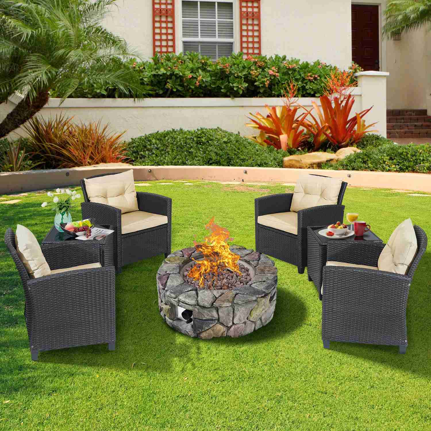 Tangkula 7 Piece Patio Furniture Set with 40,000BTU Propane Fire Pit Table (Brown)
