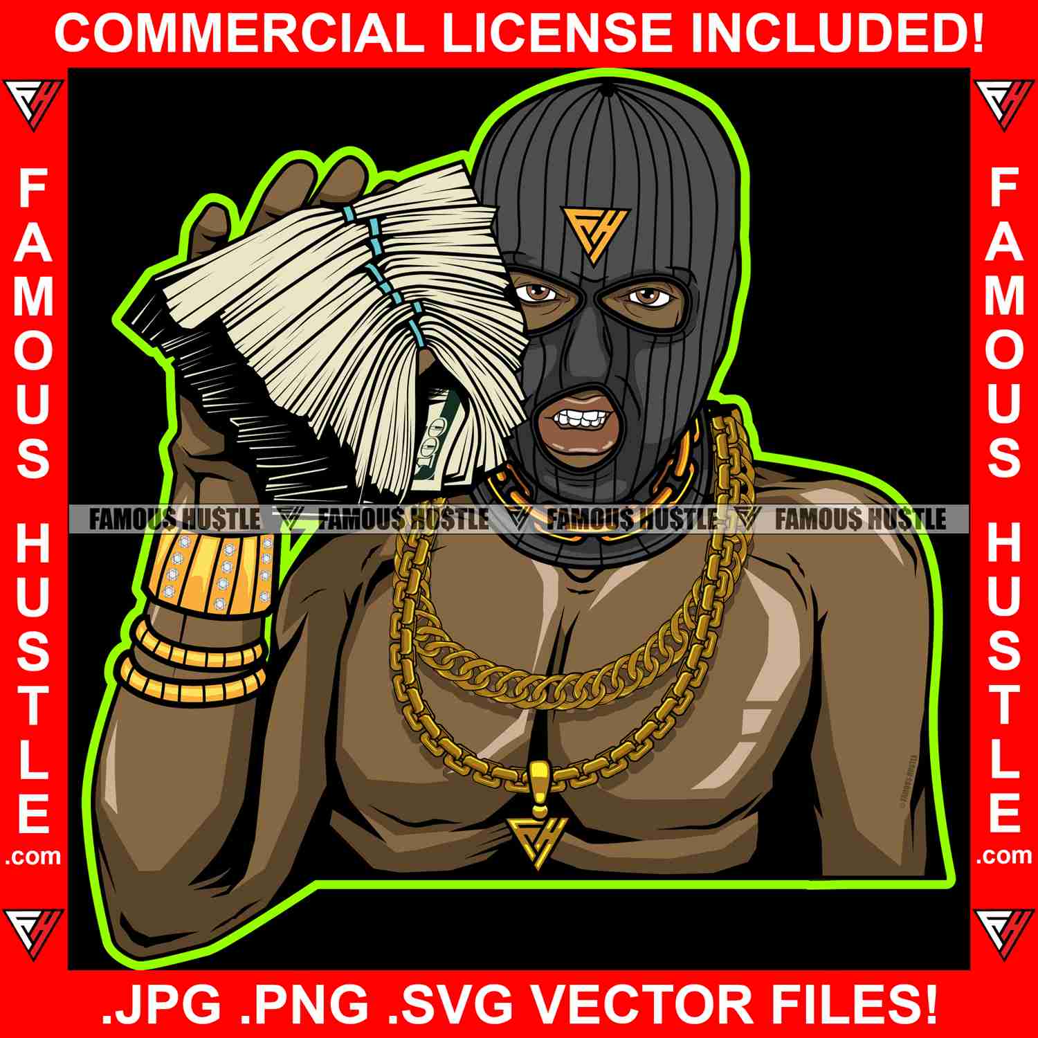 Respect Gangster Black Man Ski Mask Gold Jewelry Cash Money Stack Hip Hop Rap Street Hood Graphic Design T-Shirt Print