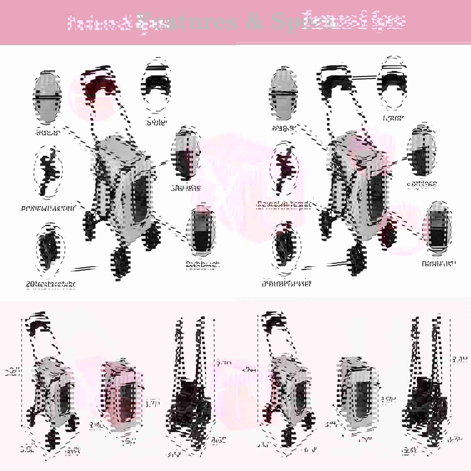 3-in-1 Folding Pet Stroller with Detachable Carrier Bag & Water Cup Holder, Pink