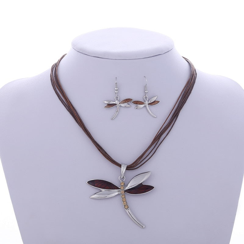 ZOSHI Leather Rope Jewelry Sets For Women - Enamel Dragonfly Pendant Necklace Earrings Sets