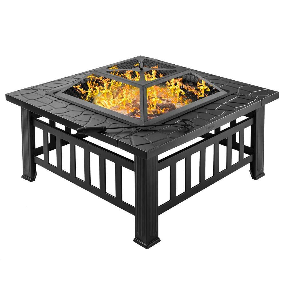 Bonnlo 32” Outdoor Wood Burning Fire Pit Table with Mesh Spark Screen and Poker