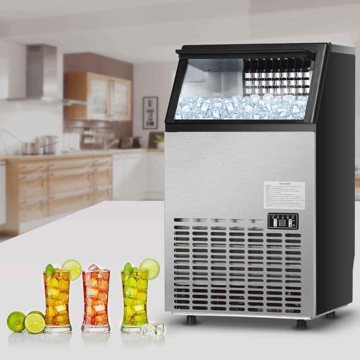 110LBS/24H Commercial Ice Maker with 33LBS Storage Capacity, Free-Standing Ice Machine