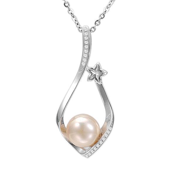 Pearl Plumeria Branch Pendant - 925 Sterling Silver with Pearl & Topaz