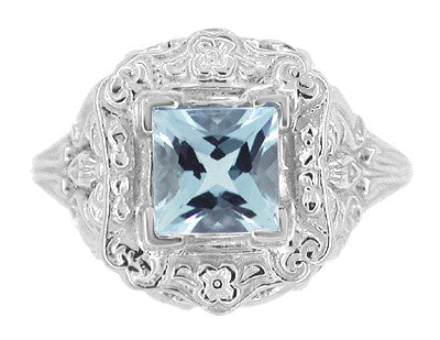 Princess Cut Aquamarine Art Nouveau Ring in 14K White Gold