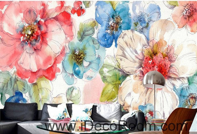 Watercolor Pink White Camellia Flower Wallpaper Wall Decals for Home Decor