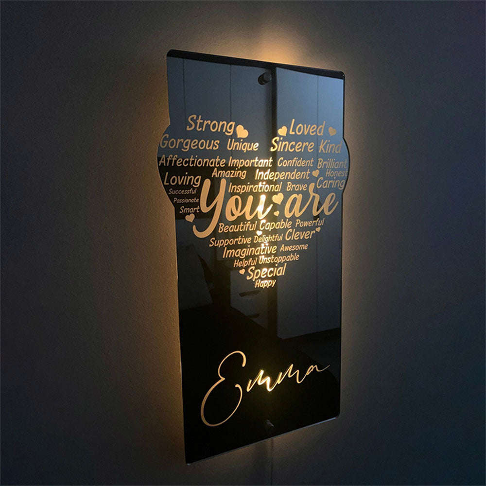 Custom Engraved Affirmation Heart Mirror Light - Colorful Bedroom Lamp for Mothers Day, Anniversary, Birthday Gifts