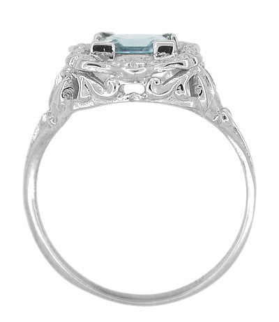 Princess Cut Aquamarine Art Nouveau Ring in 14K White Gold