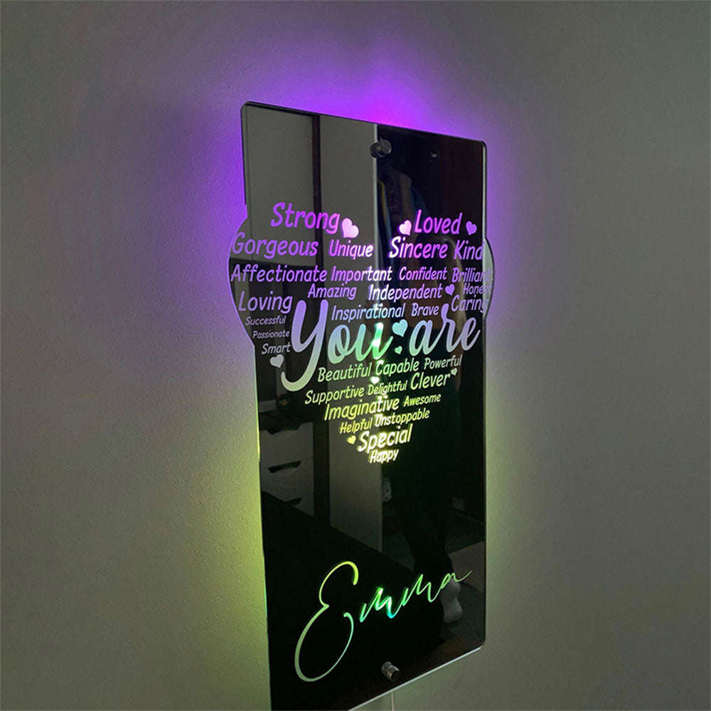 Custom Engraved Affirmation Heart Mirror Light - Colorful Bedroom Lamp for Mothers Day, Anniversary, Birthday Gifts