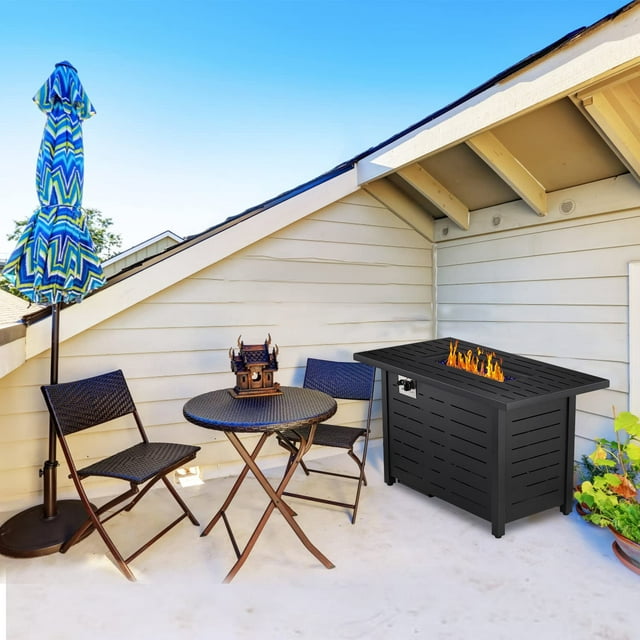 KISSAIR 43'' Outdoor Propane Gas Fire Pit Table with Lid, Rain Cover, and Tempered Glass Wind Guard