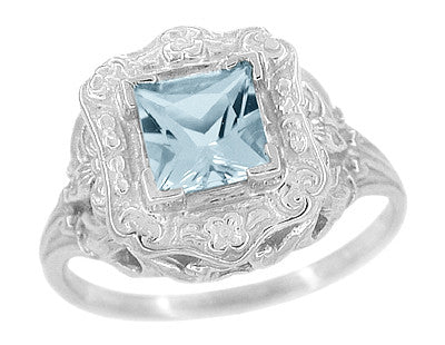 Princess Cut Aquamarine Art Nouveau Ring in 14K White Gold