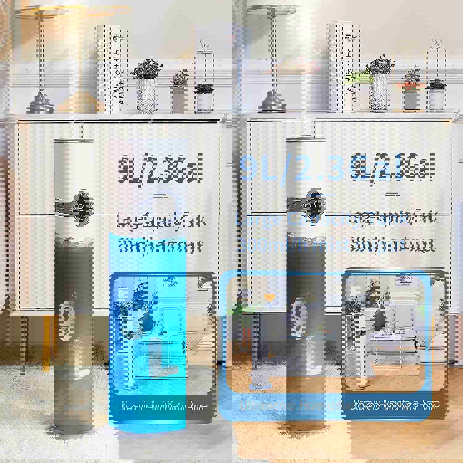 2.4Gal Large Capacity Ultrasonic Humidifier for Home - 36H Humidifying, 300ML/H Max Mist Output