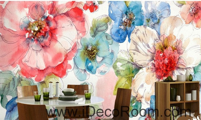 Watercolor Pink White Camellia Flower Wallpaper Wall Decals for Home Decor