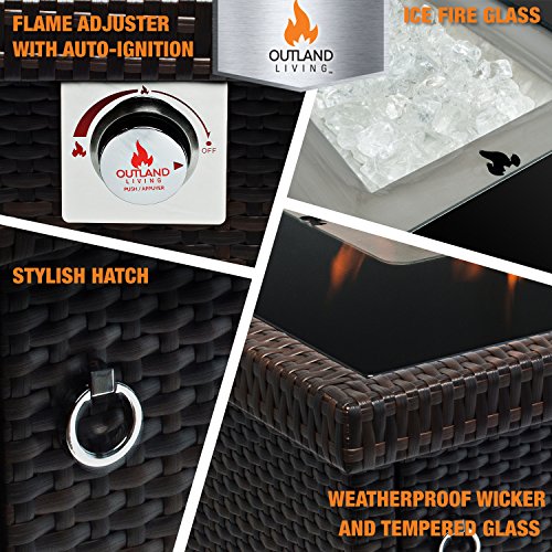 Outland Fire Table, Aluminum Frame Propane Fire Pit Table with Black Tempered Glass Tabletop Resin Wicker Panels & Arctic Ice Glass Rocks, Auto-ignition (Espresso Brown/Rectangle)