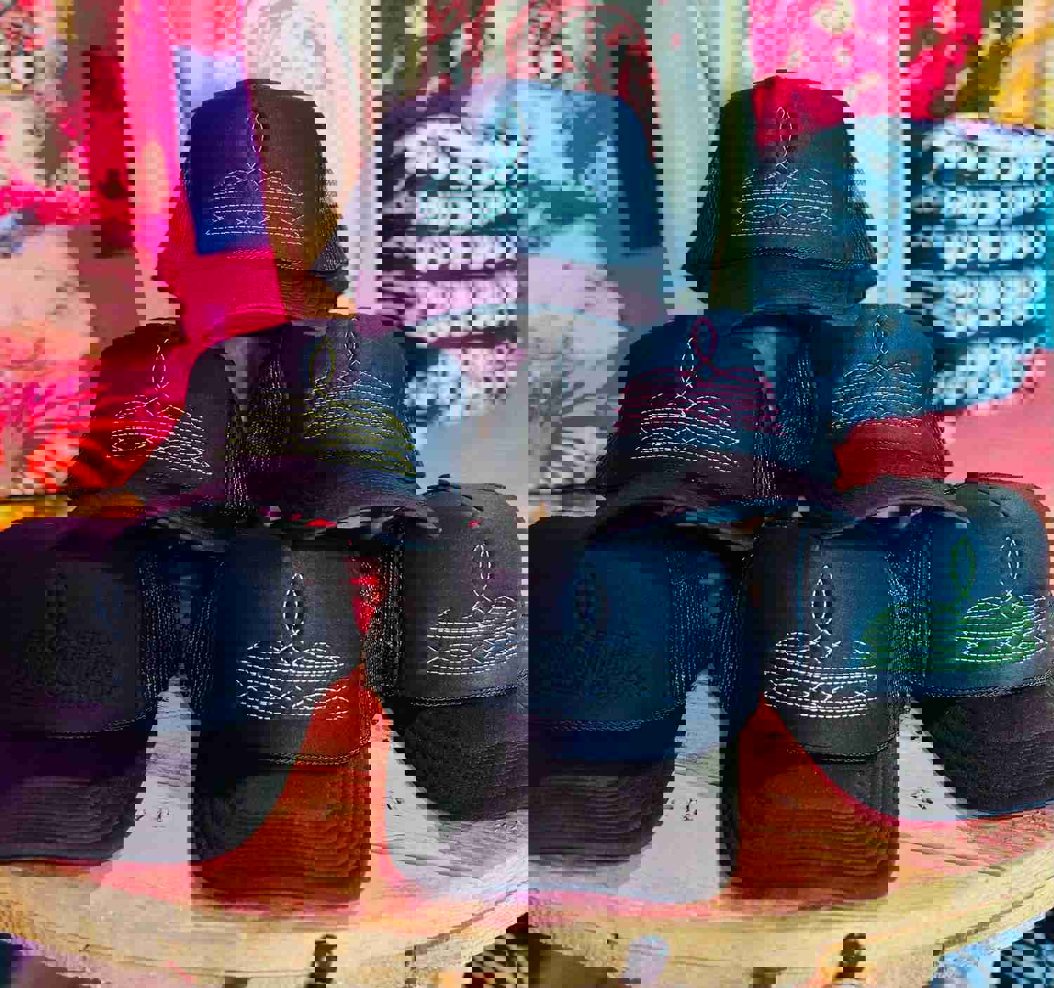 Embroidered Western Boot Stitch Black Trucker Hats (Made to Order)