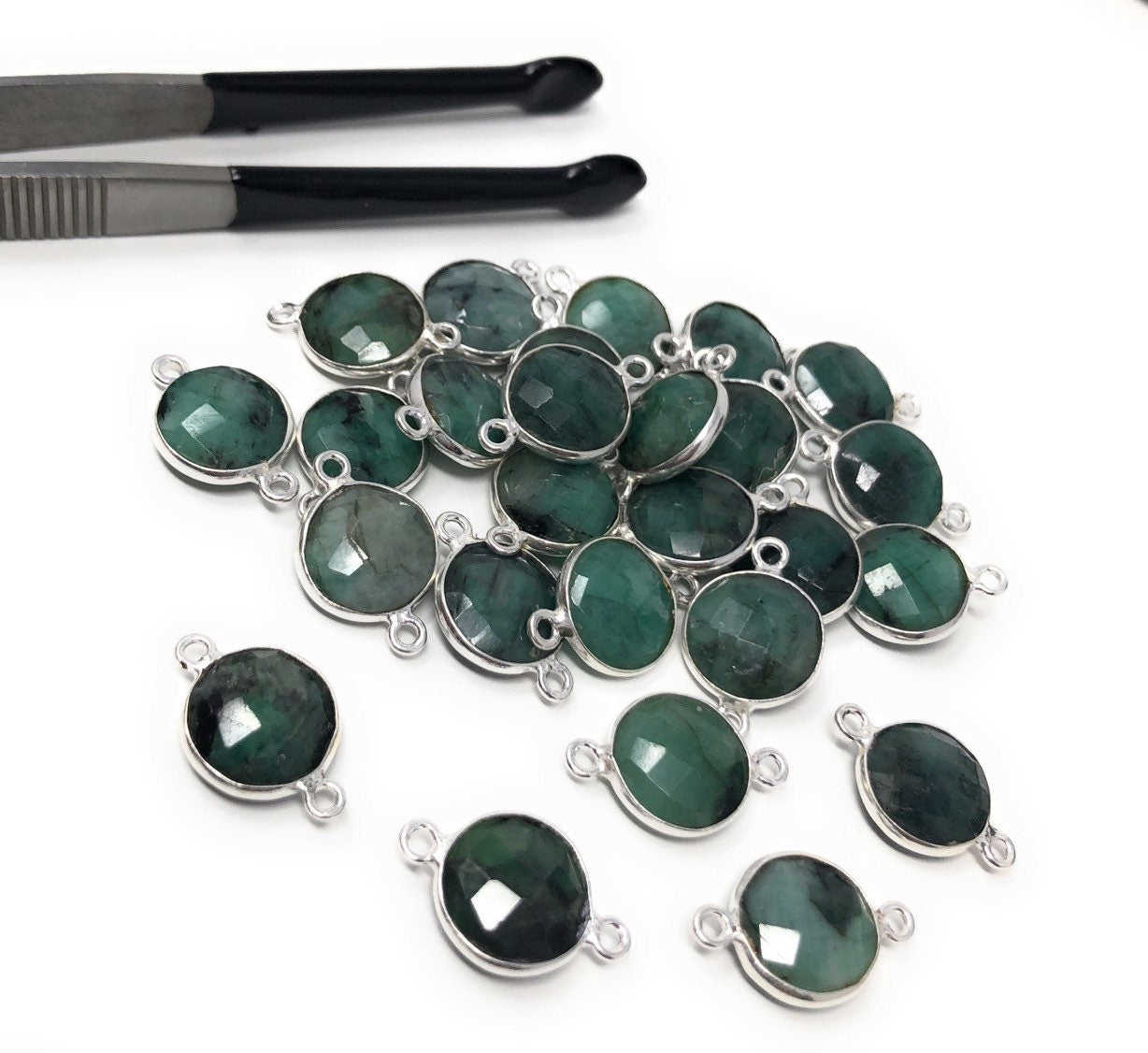 8 Pcs Natural Emerald Gemstone Connector, May Birthstone Sterling Silver Connectors, Wholesale DIY Jewelry Making Supplies, 18mmx12mm
