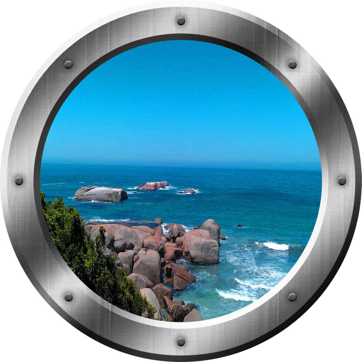Ocean Cliff View Silver Porthole Window Peel and Stick Vinyl Wall Art Decal