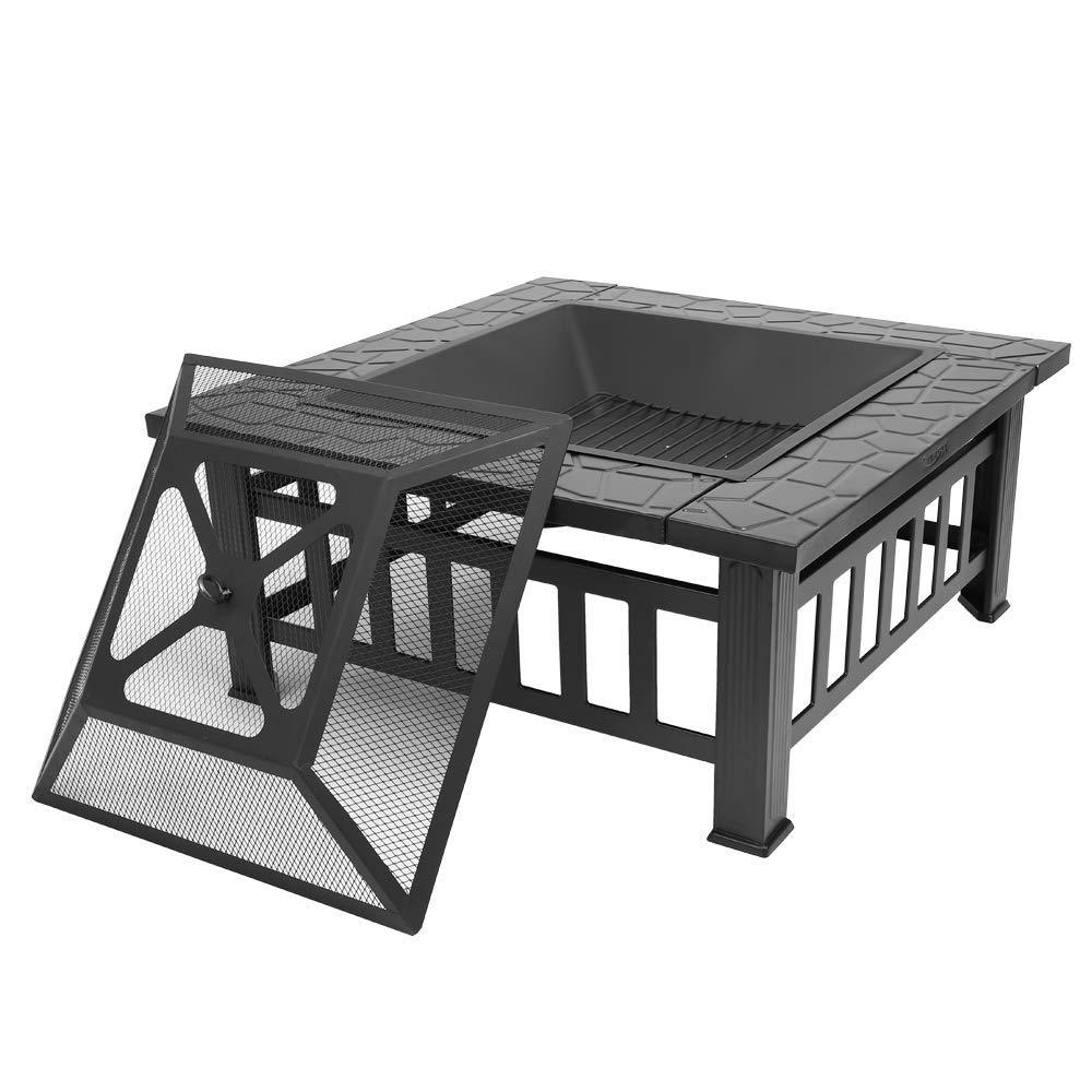 Bonnlo 32” Outdoor Wood Burning Fire Pit Table with Mesh Spark Screen and Poker
