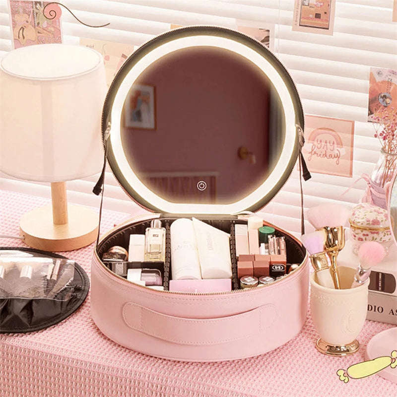 Round Smart LED Makeup Bag With Mirror Lights - Large Capacity PU Leather Cosmetic Case