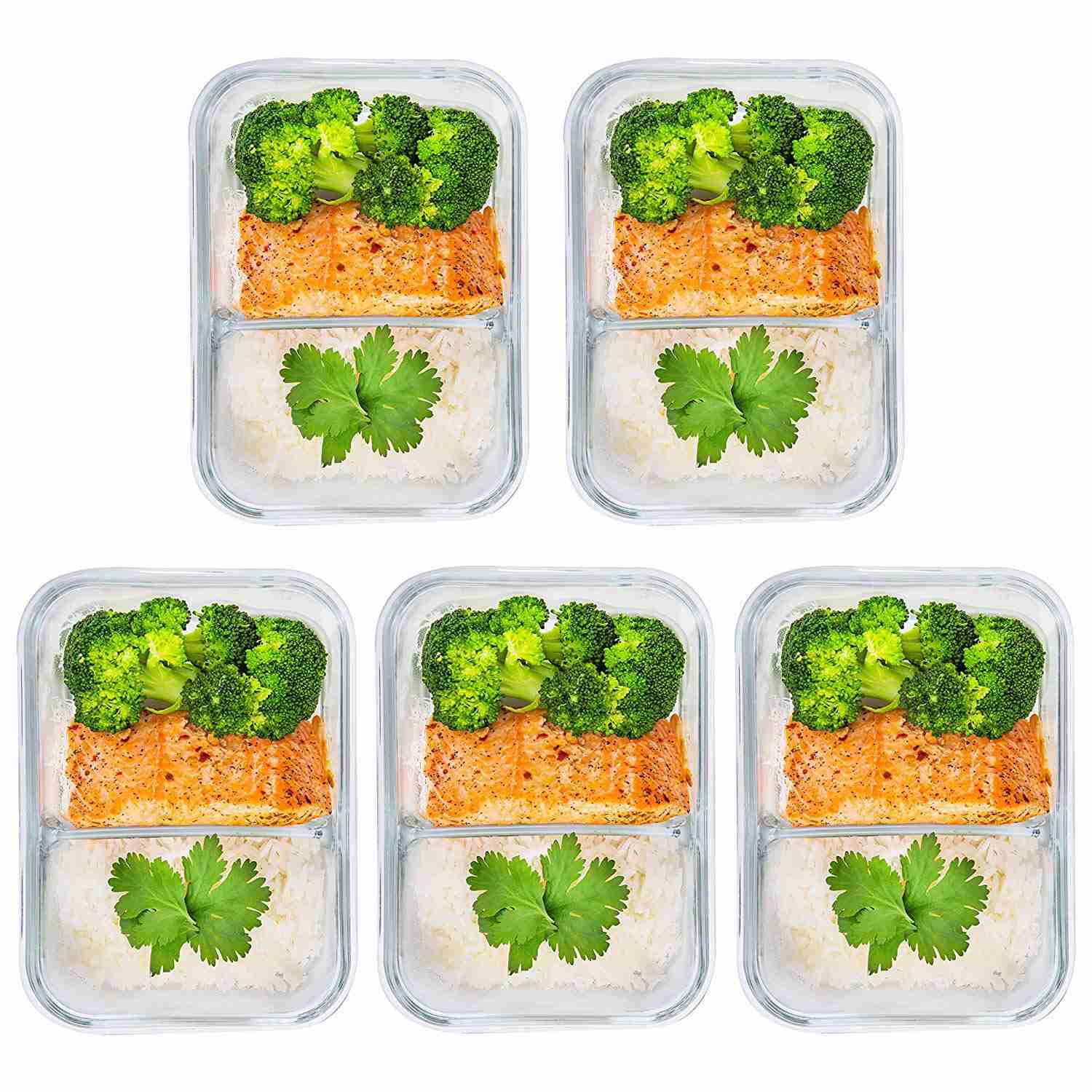 Prep Naturals Glass Meal Prep Containers - 2 Compartment, 5 Pack