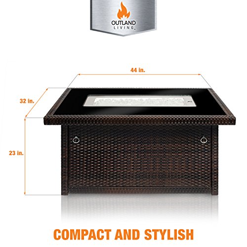 Outland Fire Table, Aluminum Frame Propane Fire Pit Table with Black Tempered Glass Tabletop Resin Wicker Panels & Arctic Ice Glass Rocks, Auto-ignition (Espresso Brown/Rectangle)