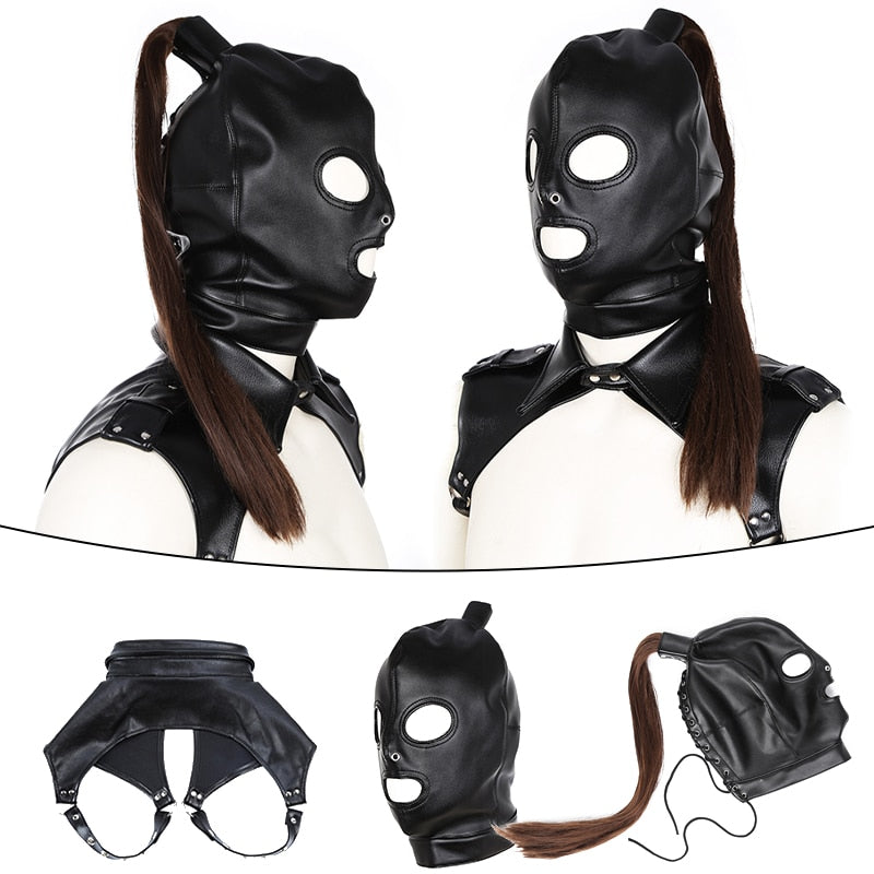 Latex Unisex Hood Mask - Sexy PU Leather Masks for Men & Women - Cosplay Flirting Hair Ponytail Chest Belt Headgear