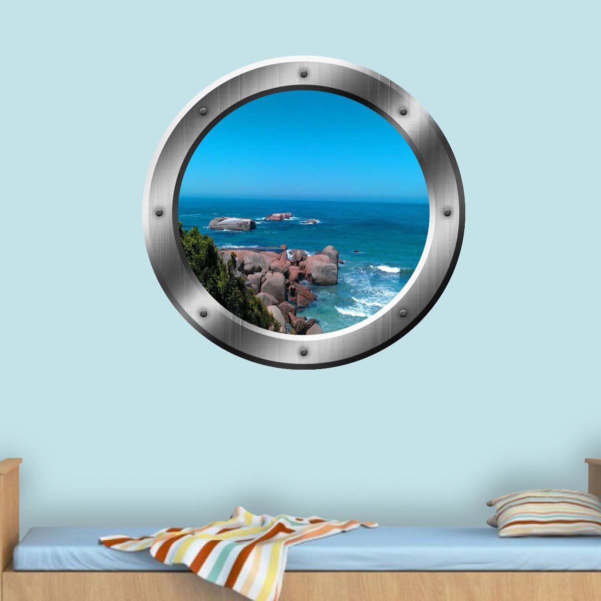 Ocean Cliff View Silver Porthole Window Peel and Stick Vinyl Wall Art Decal