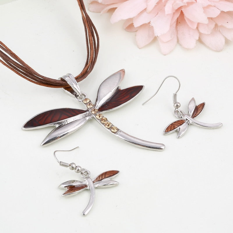 ZOSHI Leather Rope Jewelry Sets For Women - Enamel Dragonfly Pendant Necklace Earrings Sets