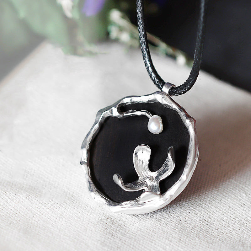 Handmade Ebony and Pearl Pendant Long Necklace - Unique Jewelry for Women & Men