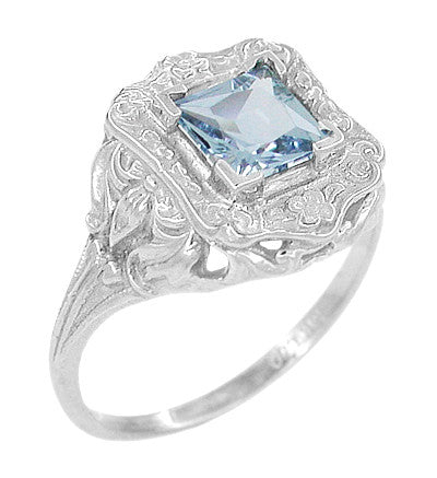 Princess Cut Aquamarine Art Nouveau Ring in 14K White Gold