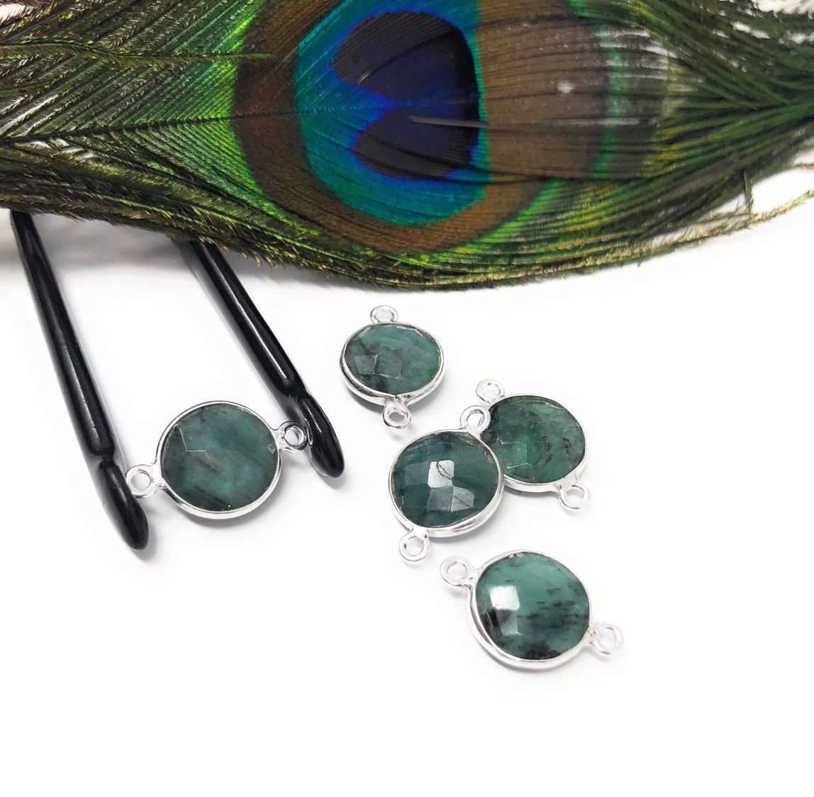 8 Pcs Natural Emerald Gemstone Connector, May Birthstone Sterling Silver Connectors, Wholesale DIY Jewelry Making Supplies, 18mmx12mm