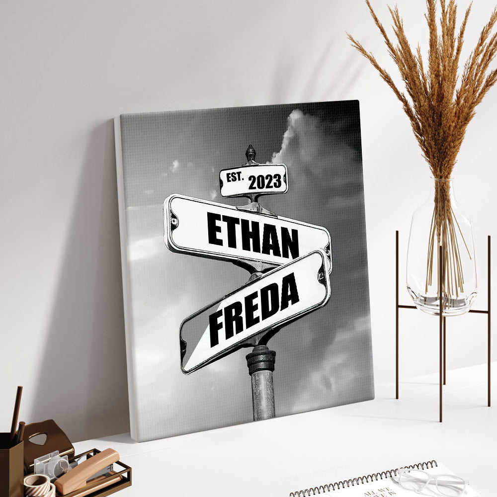Personalized Name Vintage Crossroad Street Sign Canvas Anniversary Gift