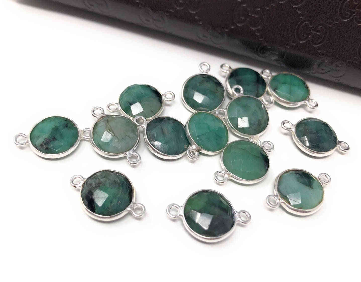 8 Pcs Natural Emerald Gemstone Connector, May Birthstone Sterling Silver Connectors, Wholesale DIY Jewelry Making Supplies, 18mmx12mm