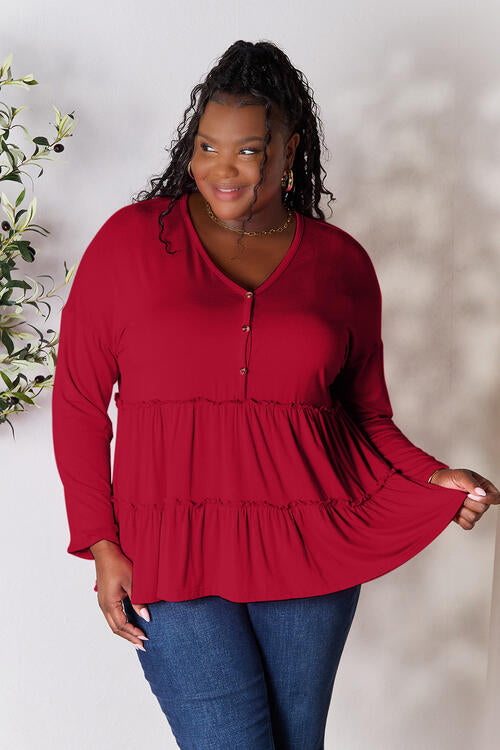 Playful Beauty Half Button Long Sleeve Ruffle Hem Top