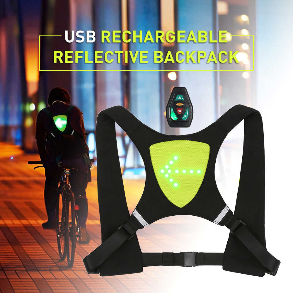 USB Rechargeable Reflective Vest Backpack with LED Turn Signal Light Remote Control for Cycling Safety