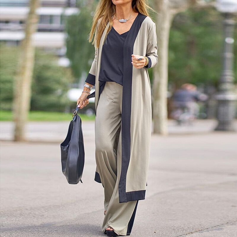 Anokhinaliza Casual Women's 3-Piece Long Cardigan & Sling Tops & Loose Pants Set - Elegant Patchwork Streetwear