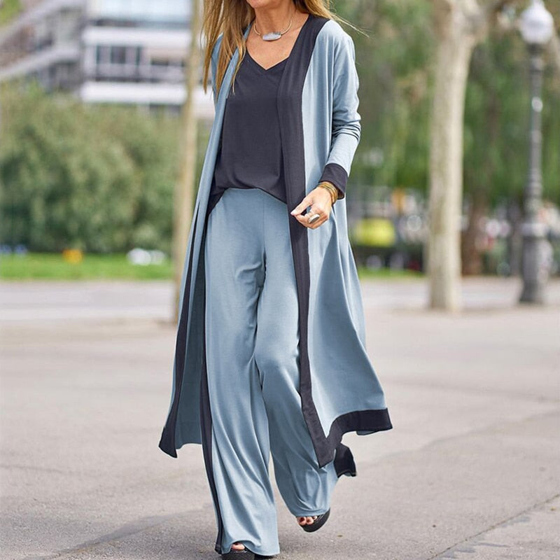 Anokhinaliza Casual Women's 3-Piece Long Cardigan & Sling Tops & Loose Pants Set - Elegant Patchwork Streetwear