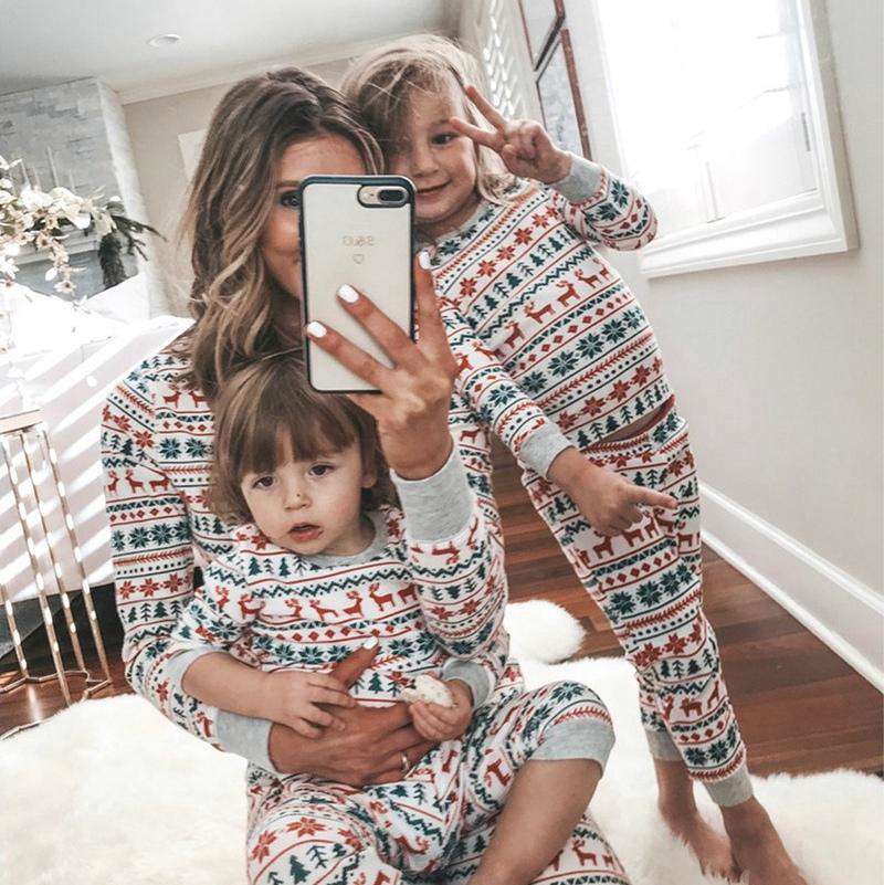 Fashion Christmas Elk Print Long Sleeve T-shirt Pants Family Pajamas