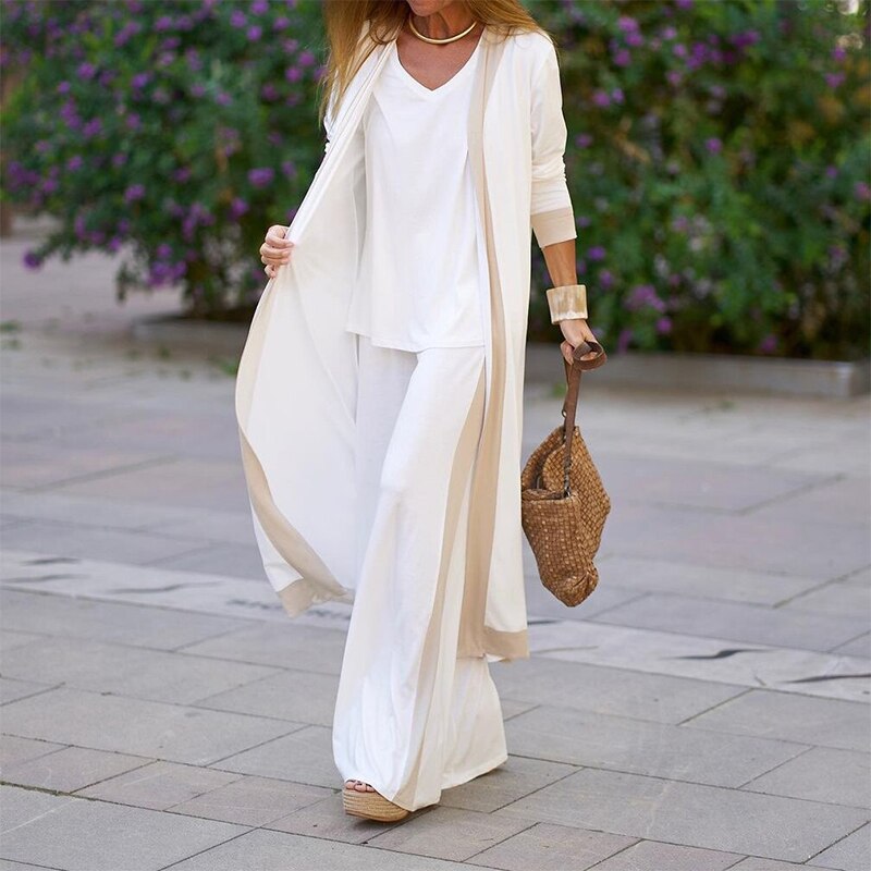 Anokhinaliza Casual Women's 3-Piece Long Cardigan & Sling Tops & Loose Pants Set - Elegant Patchwork Streetwear