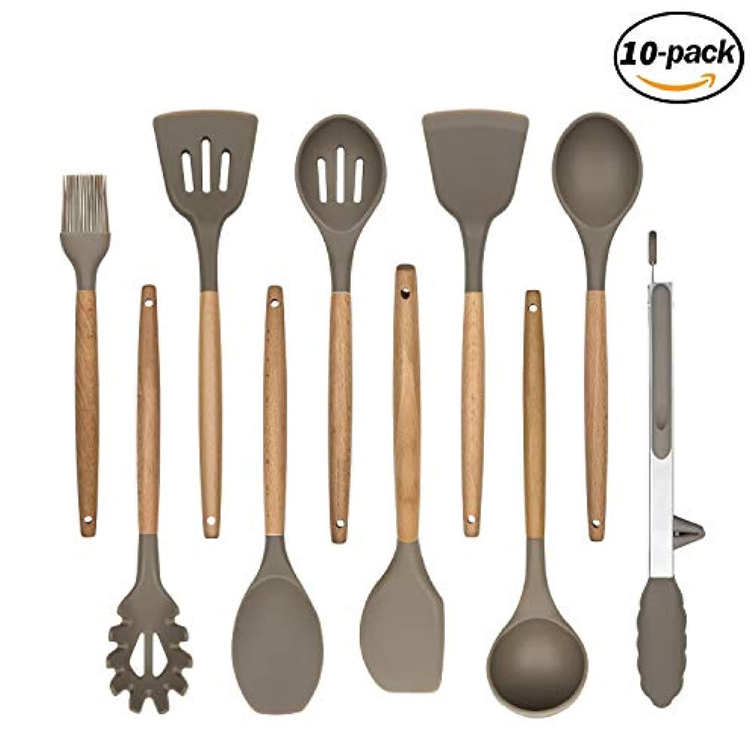 10-Piece Silicone Baking Tools Set with Wooden Handle - Non-Stick Heat Resistant Kitchen Utensils