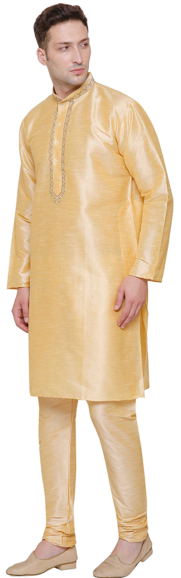 Golden Party Wear Dupion Silk Mens Kurta Pajama - Indian Traditional Clothing